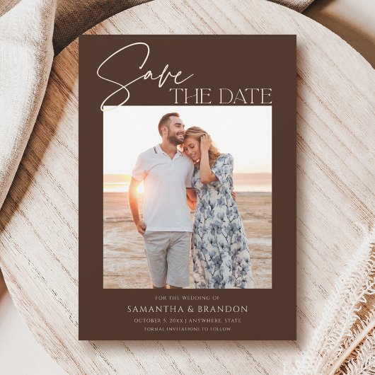 Elegant Minimalist Dark Brown Photo Save The Date セーブザデート