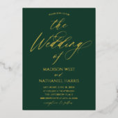 Elegant Minimalist Emerald Green Gold Wedding 箔招待状 (正面)