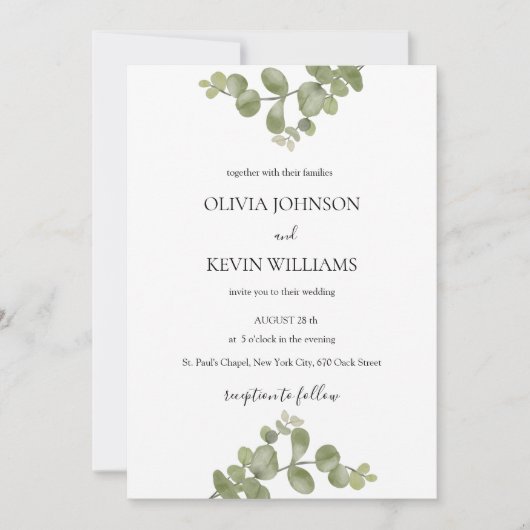 Elegant Minimalist Eucalyptus Wedding Invitation 招待状 (正面)
