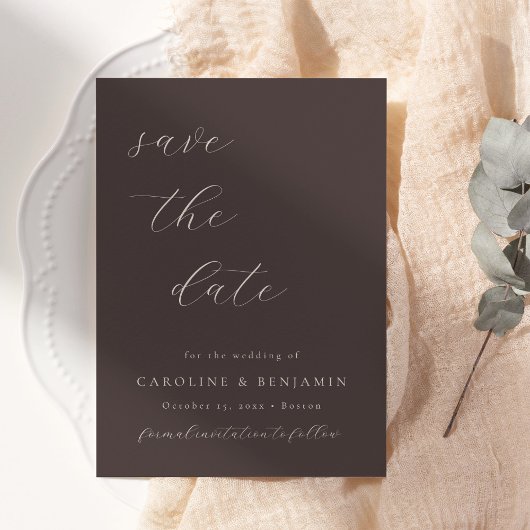 Elegant Minimalist Fall Brown Calligraphy Wedding セーブザデート