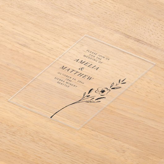 Elegant Minimalist Floral Drawing Wedding Clear アクリル招待状 (レイダウン)