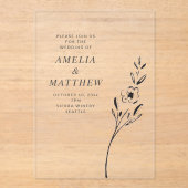 Elegant Minimalist Floral Drawing Wedding Clear アクリル招待状 (正面)