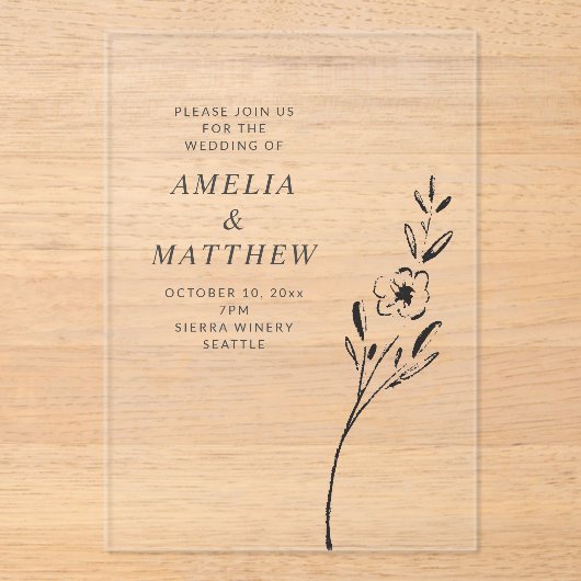 Elegant Minimalist Floral Drawing Wedding Clear アクリル招待状 (正面)