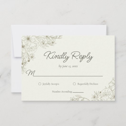 Elegant Minimalist Floral Kindly Reply Wedding 出欠カード (正面)
