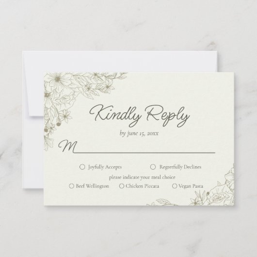 Elegant Minimalist Floral Kindly Reply Wedding 出欠カード (正面)