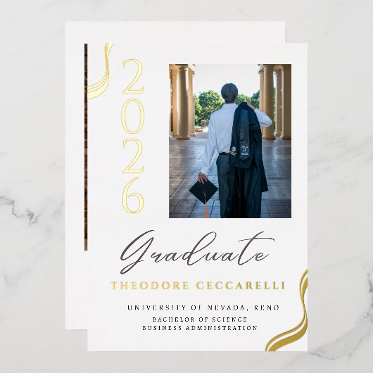 Elegant Minimalist Foil Graduation Announcement 箔招待状 (正面/裏面)