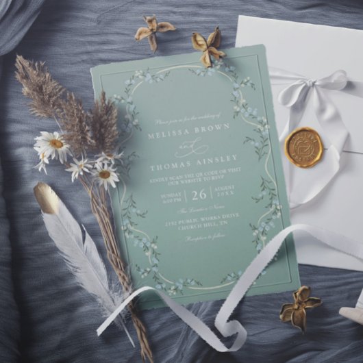 Elegant Minimalist Garden Floral QR Code Wedding 招待状