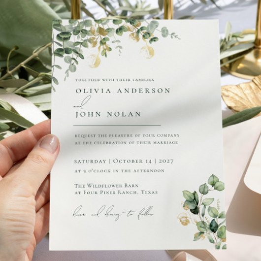 Elegant Minimalist Green Gold Eucalyptus Botanical 招待状