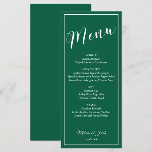 Elegant Minimalist Green Wedding Flat Menu Card メニュー (正面/裏面)