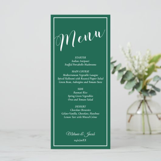 Elegant Minimalist Green Wedding Flat Menu Card メニュー (スタンド正面)
