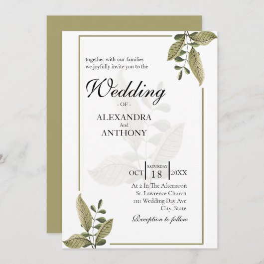 Elegant Minimalist Greenery Wedding Invitation 招待状 (正面/裏面)