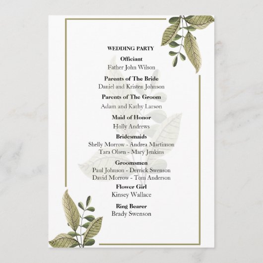Elegant Minimalist Greenery Wedding Program プログラム (裏面)