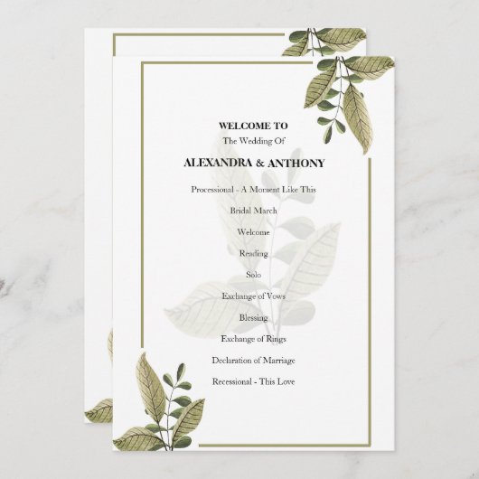 Elegant Minimalist Greenery Wedding Program プログラム (正面/裏面)