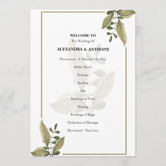 Elegant Minimalist Greenery Wedding Program プログラム (正面)