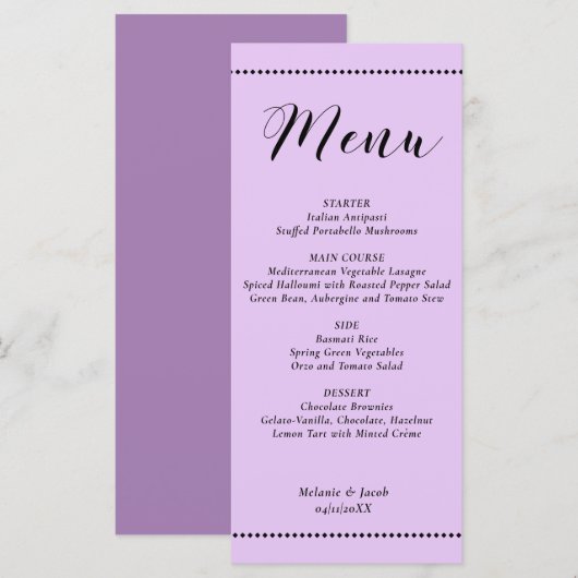 Elegant Minimalist Lavender Wedding Flat Menu Card メニュー (正面/裏面)