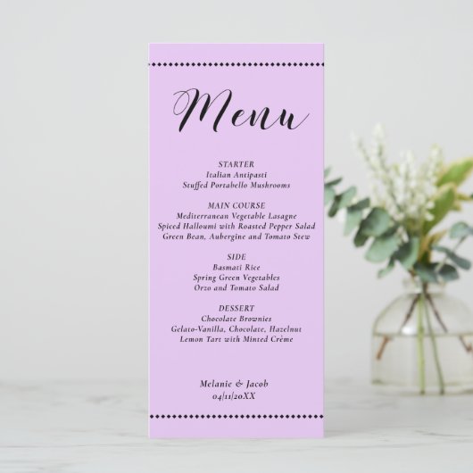 Elegant Minimalist Lavender Wedding Flat Menu Card メニュー (スタンド正面)