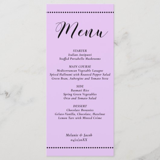 Elegant Minimalist Lavender Wedding Flat Menu Card メニュー (正面)