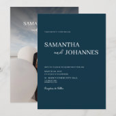 Elegant Minimalist Modern Blue Photo Wedding 招待状 (正面/裏面)