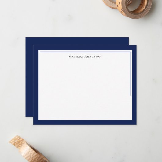 Elegant Minimalist Navy Blue Two Border Name  ノートカード (正面/裏面インサイチュ)