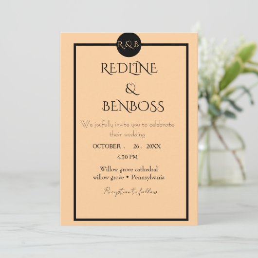 Elegant Minimalist Peach & Black Wedding  招待状 (スタンド正面)