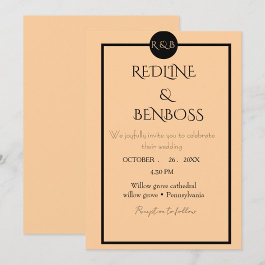 Elegant Minimalist Peach & Black Wedding  招待状 (正面/裏面)