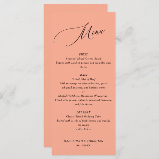 Elegant Minimalist Peach Wedding Menu メニュー (正面/裏面)