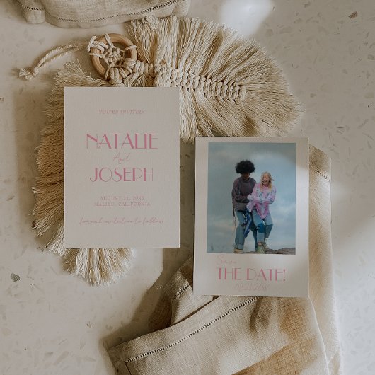 Elegant Minimalist Pink Whimsical Photo Wedding セーブザデート