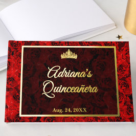 Elegant Minimalist Red Rose Floral Quinceanera ゲストブック