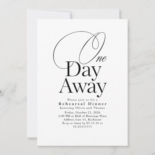Elegant Minimalist Rehearsal Dinner One Day Away 招待状 (正面)