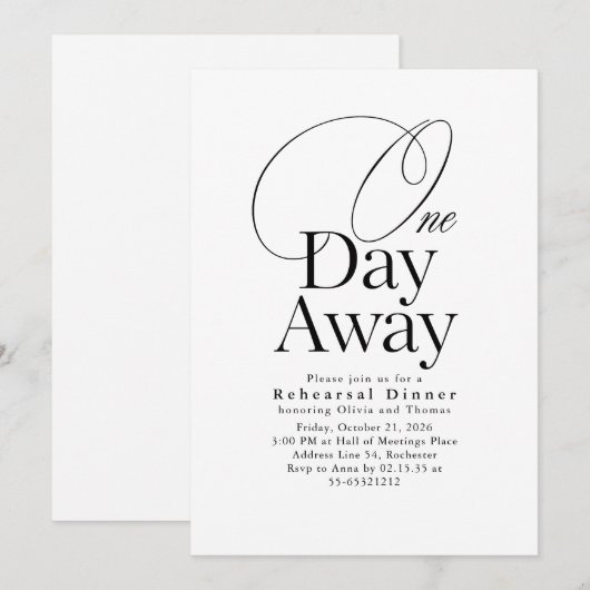 Elegant Minimalist Rehearsal Dinner One Day Away 招待状 (正面/裏面)