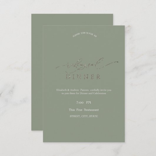 Elegant Minimalist Sage Green Rehearsal Dinner   招待状 (正面/裏面)