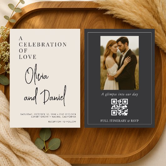 Elegant Minimalist Script Photo QR Code Wedding 招待状