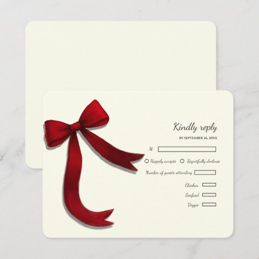 Elegant Minimalist Simple wedding red bow RSVP Car (正面/裏面)