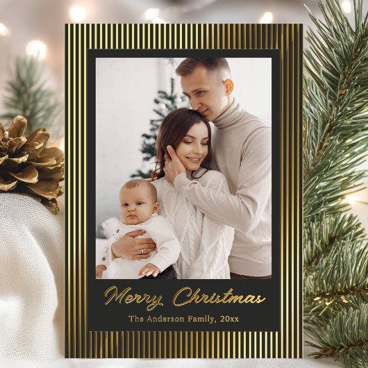 Elegant Minimalist Striped Black Christmas Holiday 箔シーズンカード