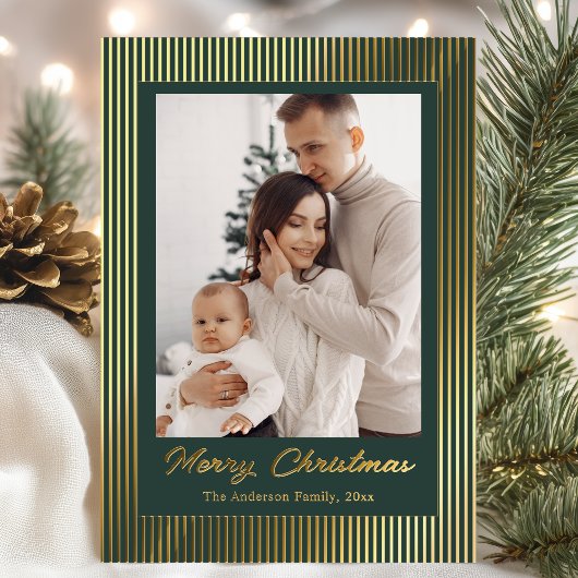 Elegant Minimalist Striped Green Christmas Holiday 箔シーズンカード