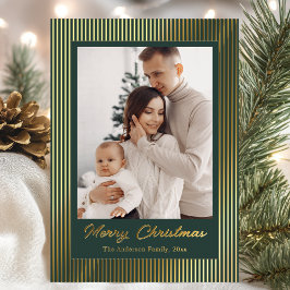 Elegant Minimalist Striped Green Christmas Holiday 箔シーズンカード
