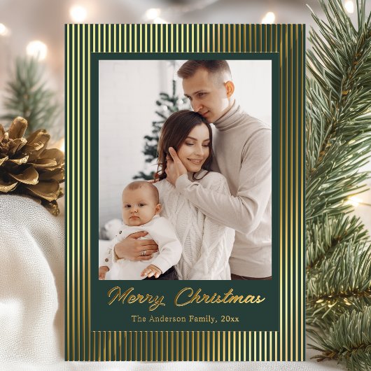 Elegant Minimalist Striped Green Christmas Holiday 箔シーズンカード