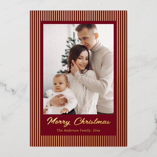 Elegant Minimalist Striped Red Gold Christmas 箔シーズンカード (正面)
