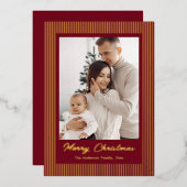 Elegant Minimalist Striped Red Gold Christmas 箔シーズンカード (正面/裏面)