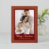 Elegant Minimalist Striped Red Gold Christmas 箔シーズンカード (立ち正面)