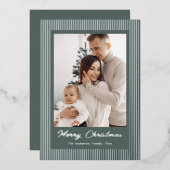 Elegant Minimalist Striped Sage Green Christmas 箔シーズンカード (正面/裏面)