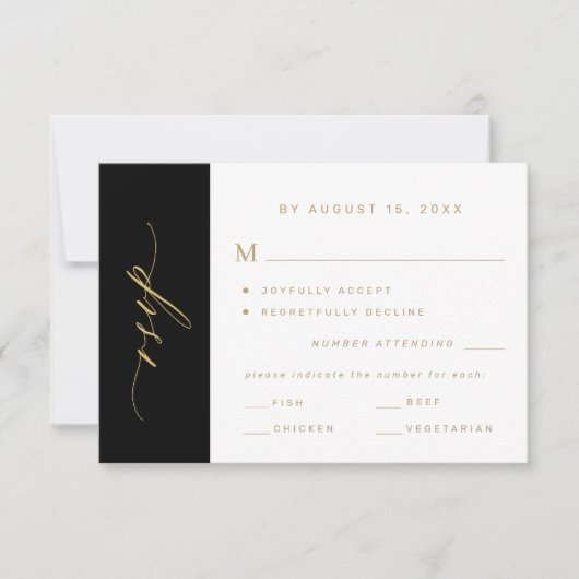 Elegant minimalist typography gold black wedding 出欠カード (正面)