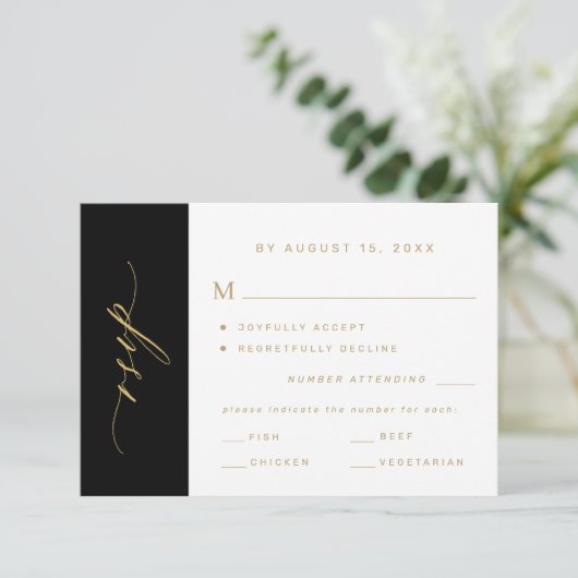 Elegant minimalist typography gold black wedding 出欠カード (スタンド正面)
