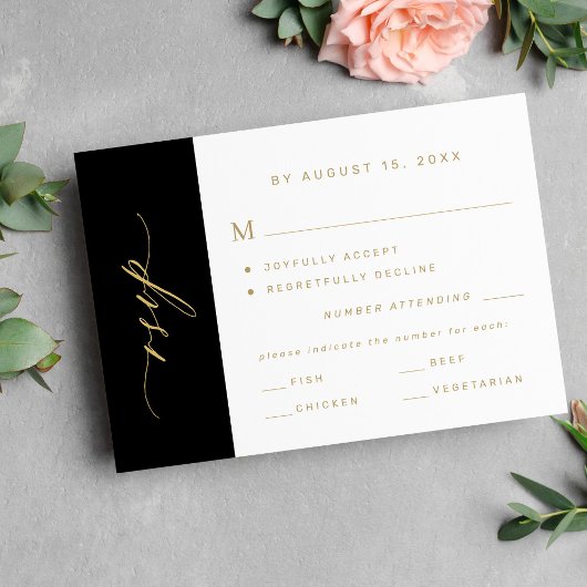 Elegant minimalist typography gold black wedding 出欠カード