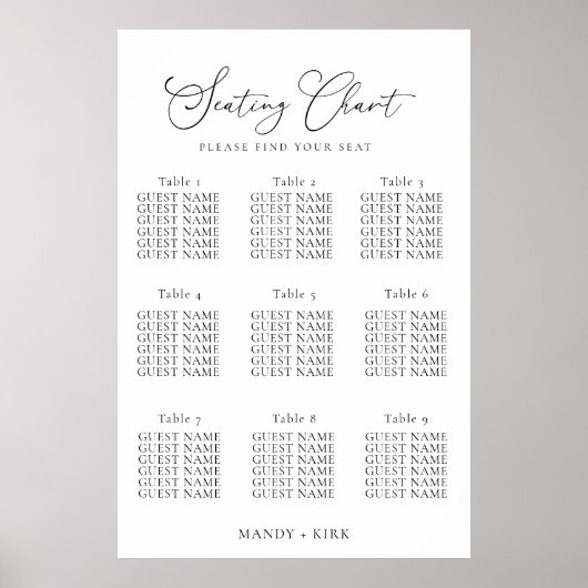 Elegant Minimalist Wedding Seating Chart Sign ポスター (正面)