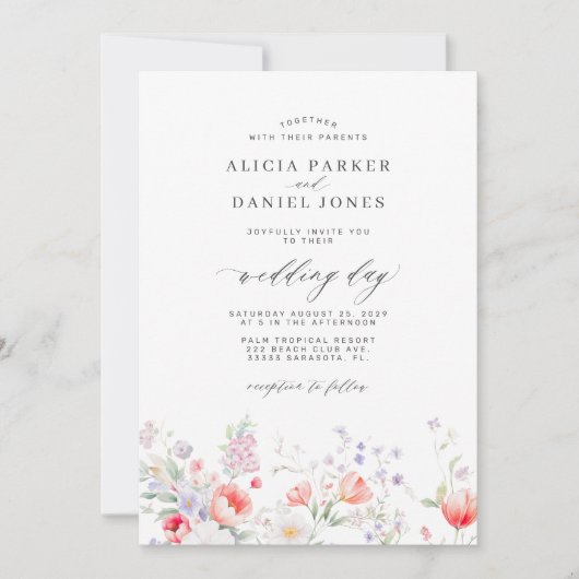 Elegant minimalist wildflower floral wedding 招待状 (正面)