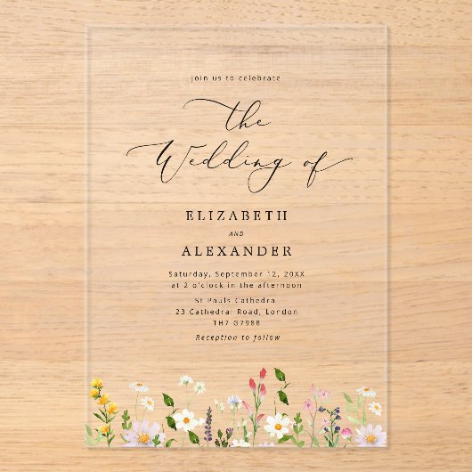 Elegant minimalist wildflower Simple wedding アクリル招待状 (正面)