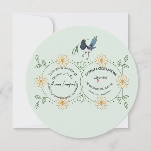 Elegant Mint Green & Botanical Bird Bridal Shower  セーブザデート (正面)