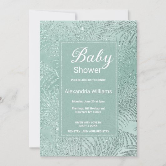 Elegant mint green glitter palm tree Baby Shower 招待状 (正面)