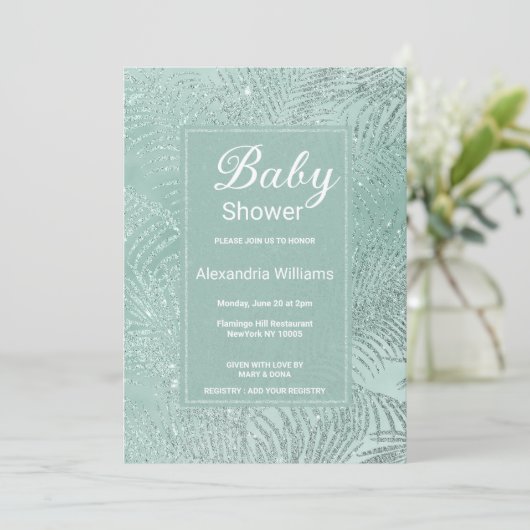 Elegant mint green glitter palm tree Baby Shower 招待状 (スタンド正面)